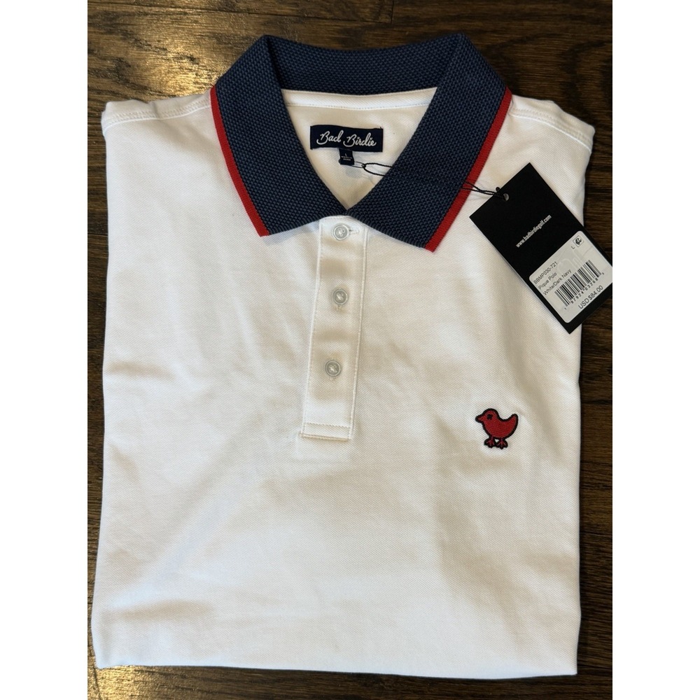 Bad Birdie Pique Golf Polo White Dark Navy Red Shirt Short Sleeve USA Men Large